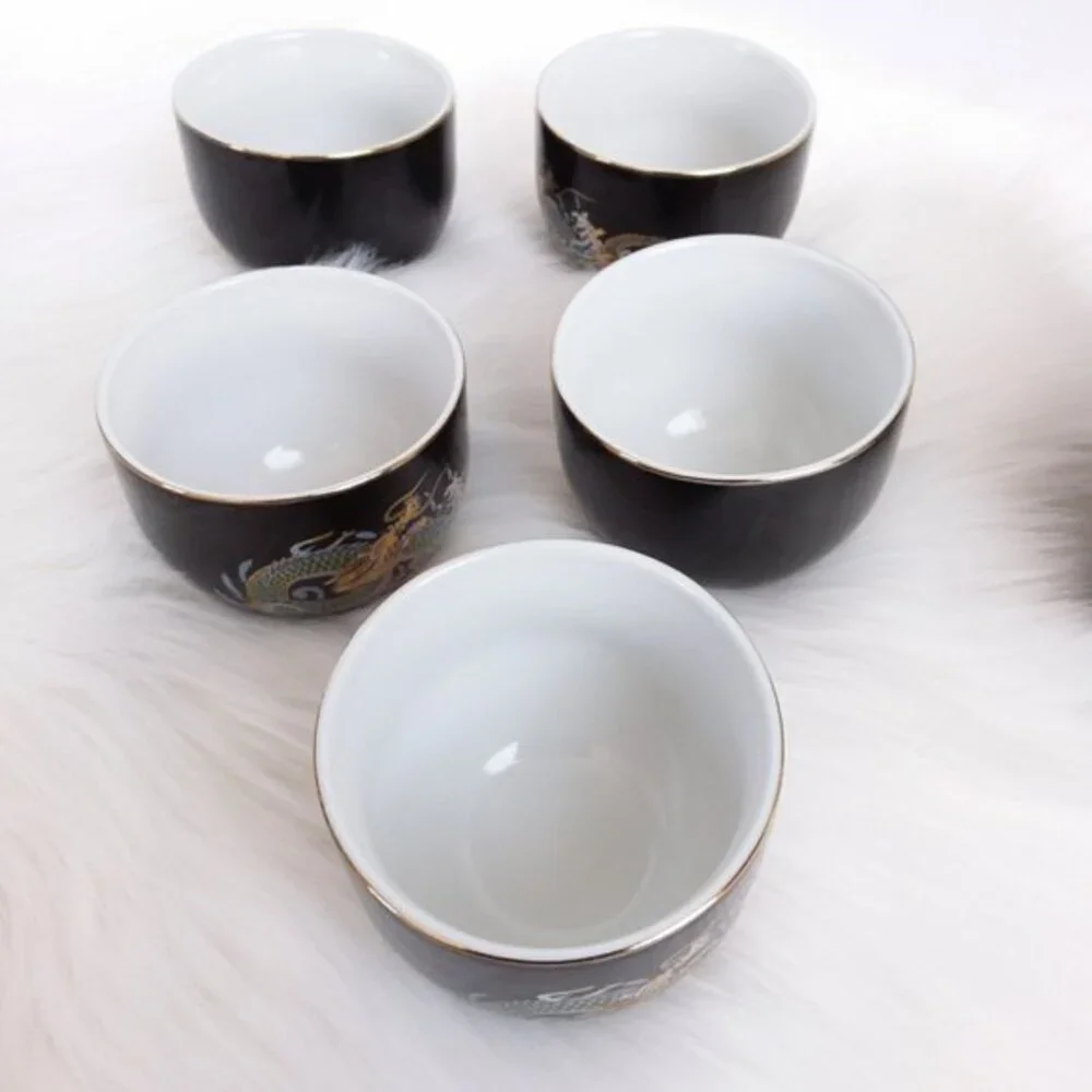 Side Handled 6 Piece Sake Tea Set Black Gold